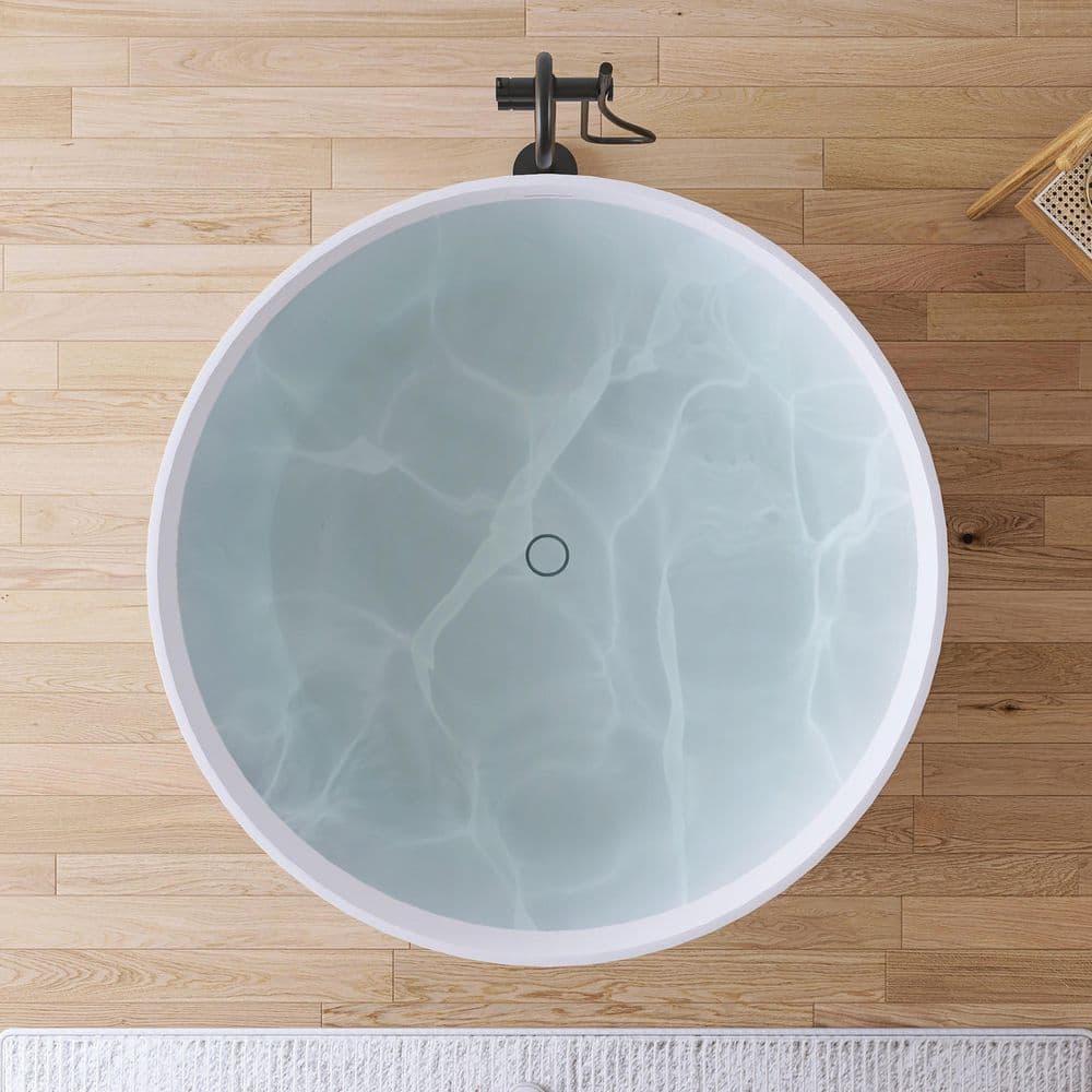 MEDUNJESS 51 in. x 51 in. Round Stone Resin Solid Surface Flatbottom Freestanding Soaking Bathtub in Matte White (3)