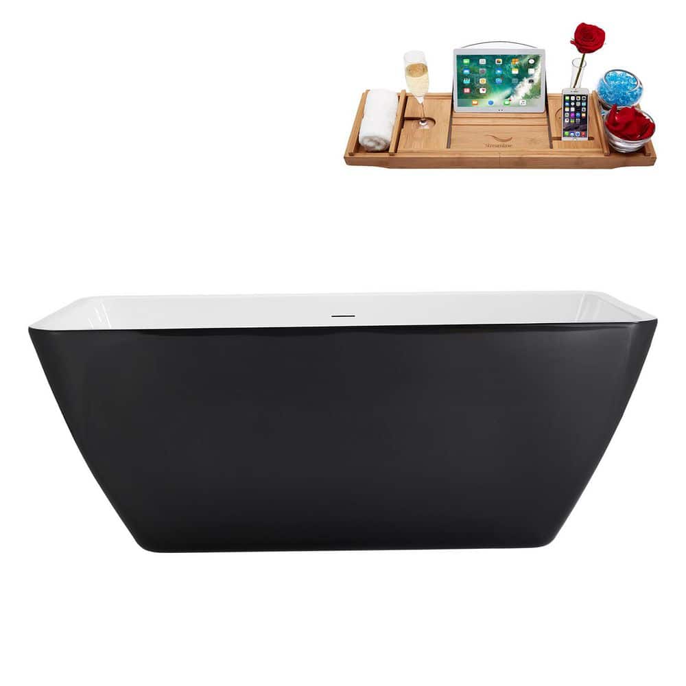 Streamline 59 in. x 30 in. Acrylic Freestanding Soaking Bathtub in Glossy Black with Matte Black Drain (1)