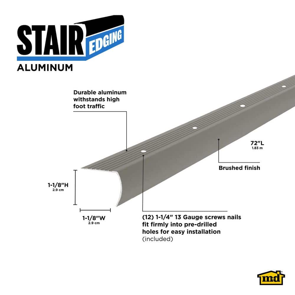 M-D Building Products 1-1/8 in. x 1-1/8 in. x 72 in. Brushed Pewter Aluminum Stair Nosing w/ Screw Nails (2)