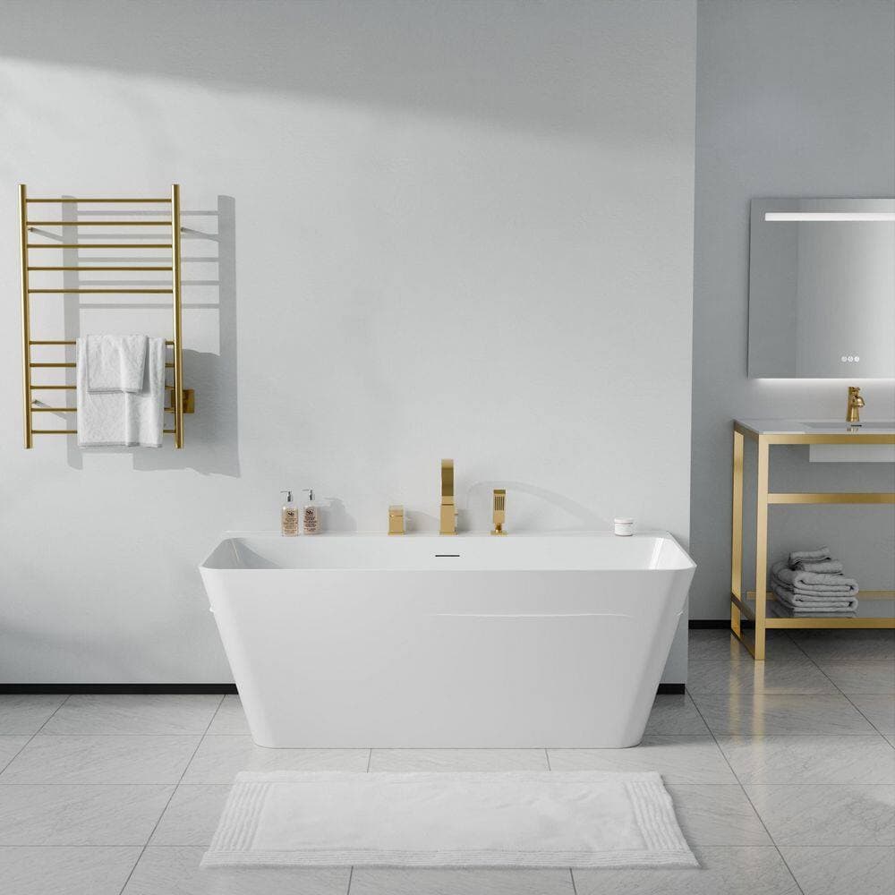 ANZZI Vault Series 59 in. x 30 in. Flat Bottom Acrylic Freestanding Soaking Bathtub with Center Drain, Brushed Gold Faucet (2)