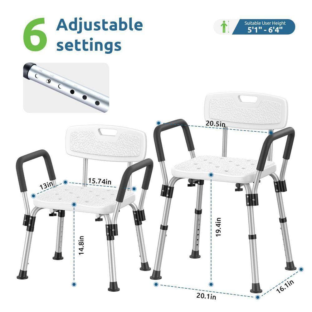 Lynzavix 18.5 in. W Freestanding Heavy Duty Adjustable Shower Chair with Arms and Back Non-Slip Bath Bench Seat in White (2)