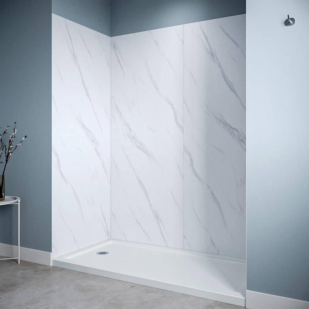 Streamline DSH-1760-196 30 in. L x 60 in. W x 76 in. H 4-Piece Glue-Up Alcove Shower Surround in White Marble Finish (2)