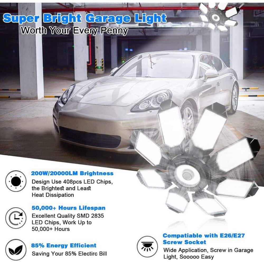 Lukyamzn 20000-Lumens LED Garage Ceiling Light 200 W Ultra Bright 8-Adjustable Panels 6500K Daylight E26/E27 Socket (3)