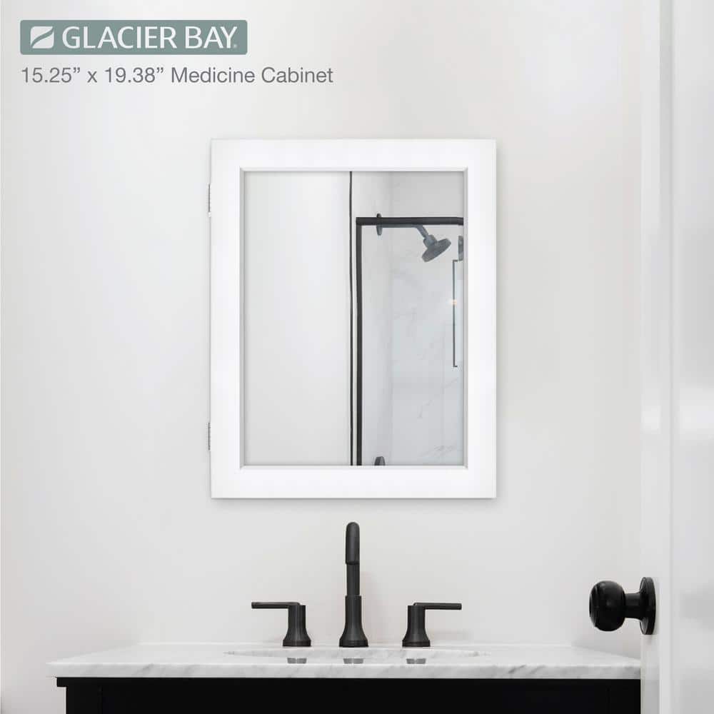 Glacier Bay 15-1/4 in. W x 19-3/8 in. H Rectangular Framed Recessed or Surface-Mount Bathroom Medicine Cabinet with Mirror, White (3)