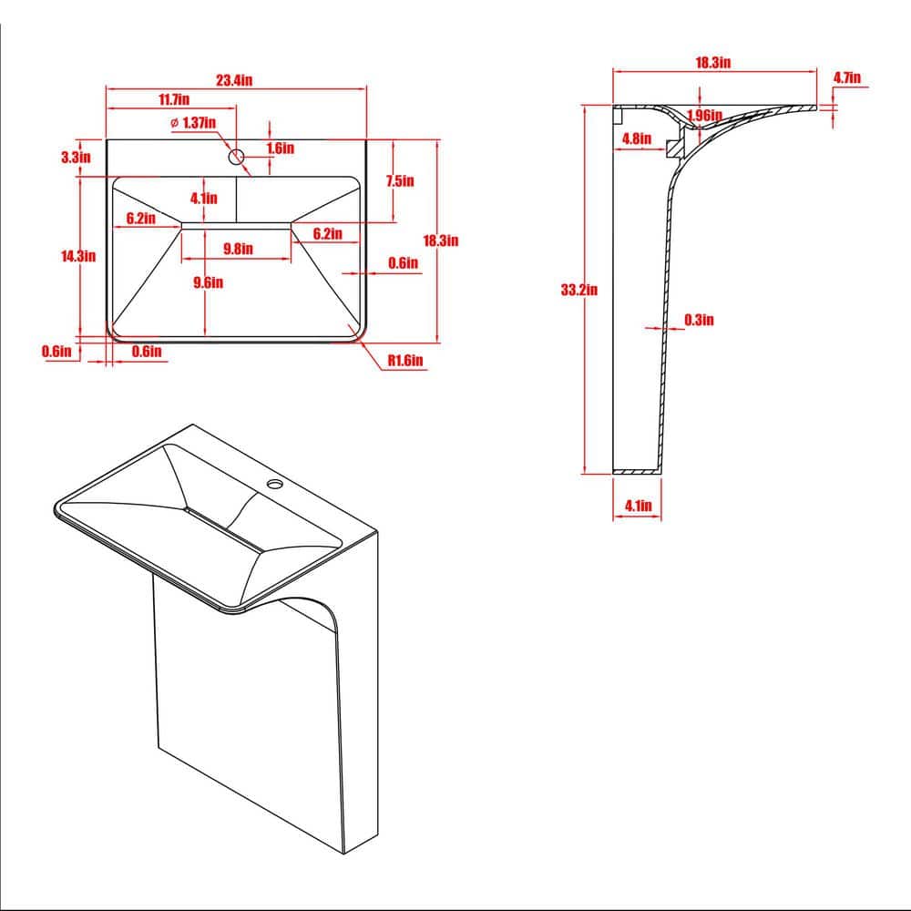 CASAINC 33.2 in. L x 23.2 in. W Modern Wall-Mounted Solid Surface Pedestal Sink Bathroom Vessel Sink (3)