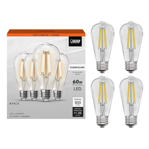 Feit Electric 60-Watt Equivalent ST19 Dimmable Straight Filament Clear Glass E26 Vintage Edison LED Light Bulb, Soft White (4-Pack)