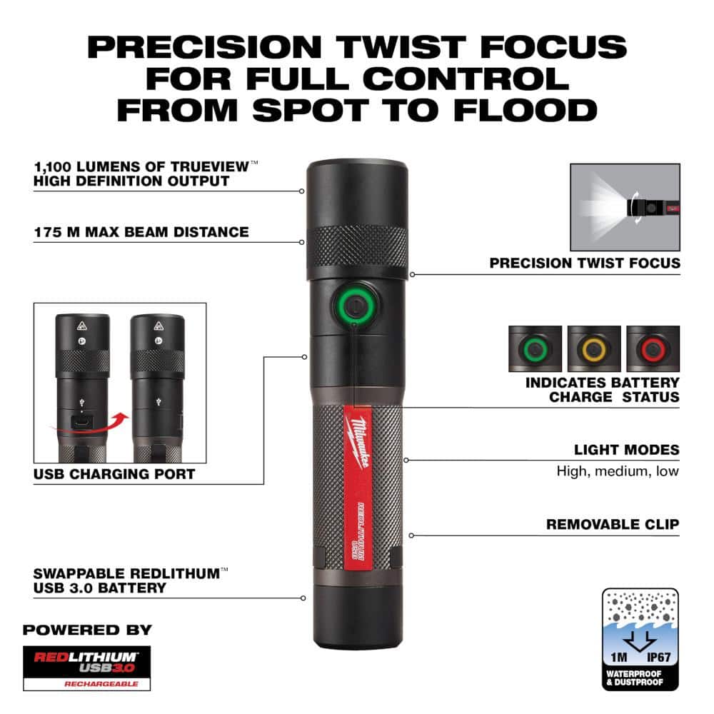 Milwaukee 1100 Lumens LED USB Rechargeable Twist Focus Flashlight (4)