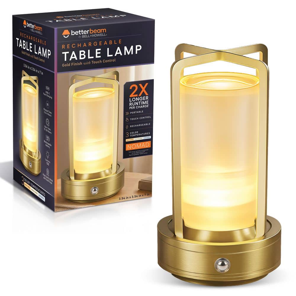 BETTERBEAM Nomad 6.8 in. Gold Contemporary Rechargeable LED Table Lamp with Metal Frame (4)