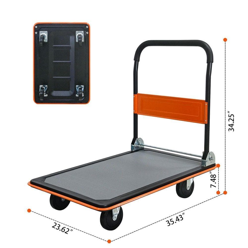 Huluwat Orange 660 lbs. D-Handle Foldable Platform Hand Truck with 2 360° Wheels and 2-Fixed Wheels (2)