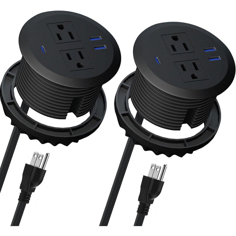 OBJLGEV 2PCS 6.56 ft 2-Outlet 2 USB-A Ports 1 USB-C Port Surge Protector with Fast Charging Flush Mount Power Grommet