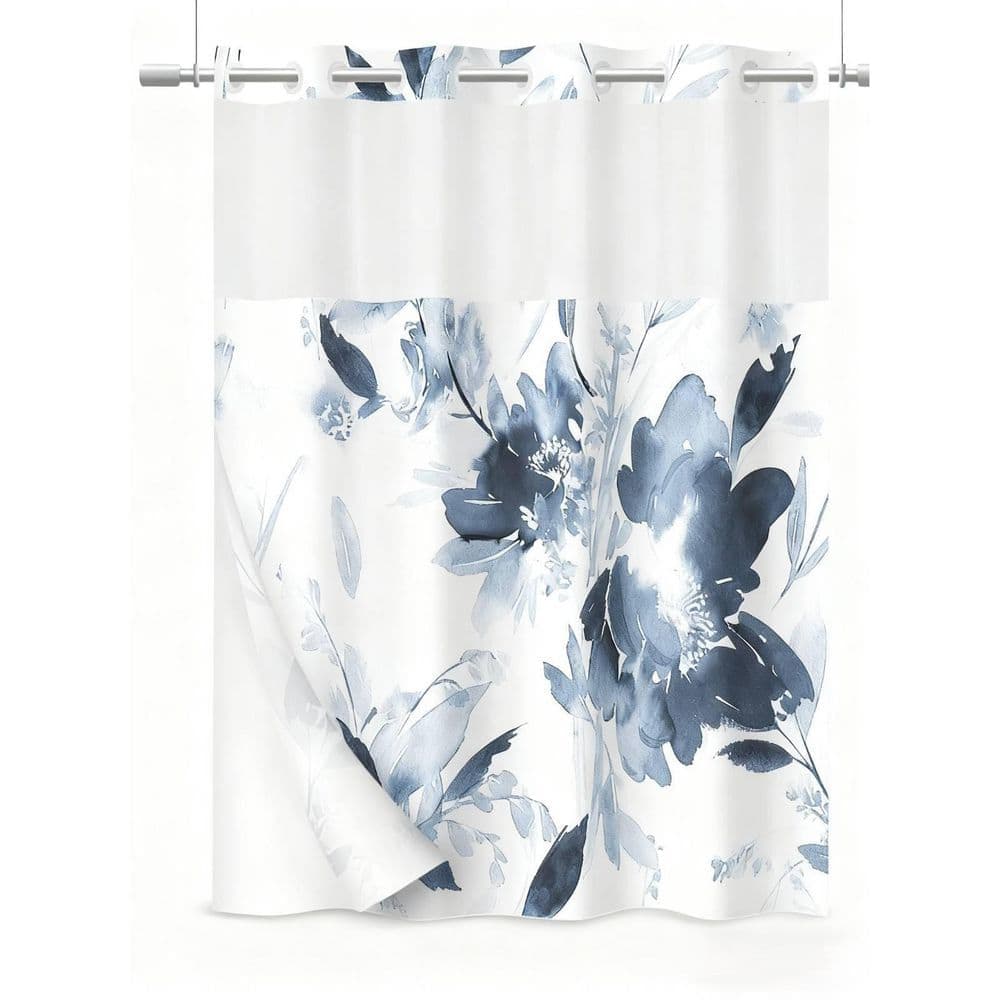 Wudkey 71 in. W x 74 in. L No Hook Polyester Shower Curtain with Snap in Liner, Plants Navy Blue Flowers Modern Cloth Shower (1)