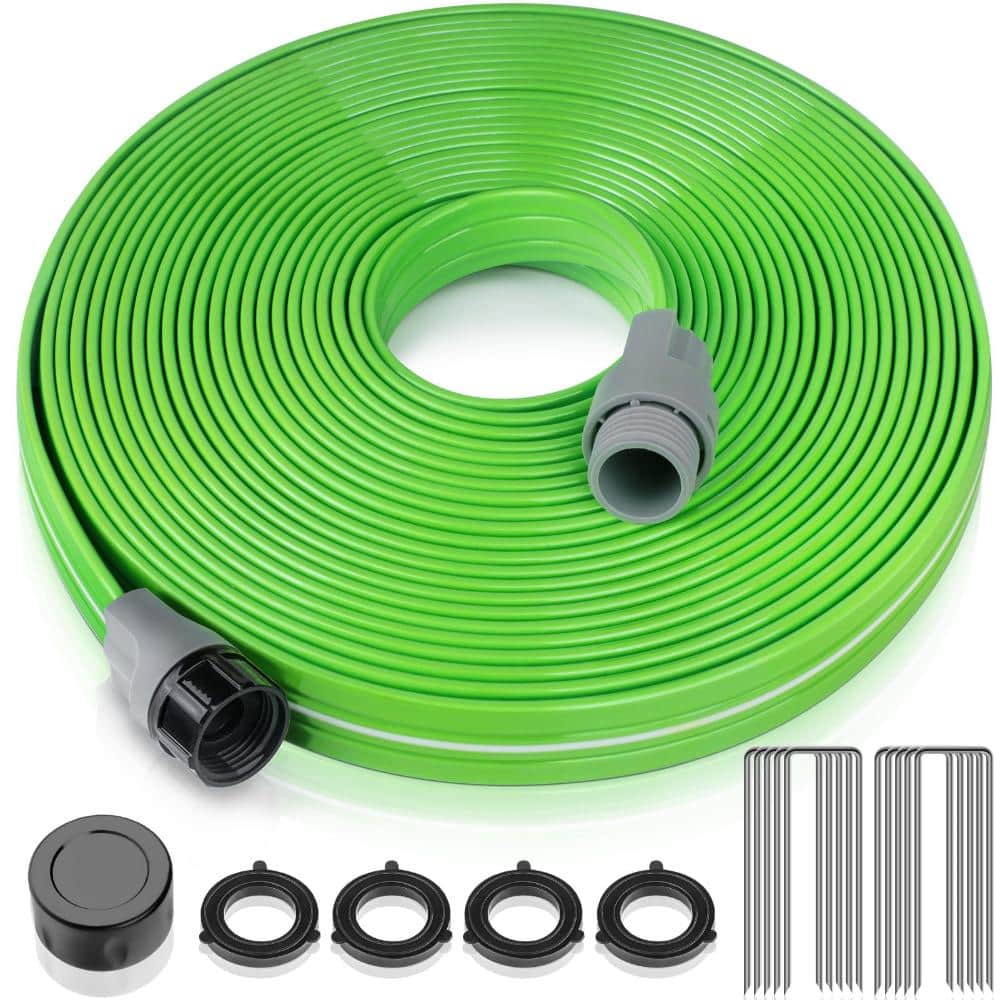Unbranded 50 FT Heavy Duty Sprinkler Soaker Hose, Flat 3-Tube Irrigation Hose with Stakes, Leak-Proof 3/4 in Connector, Green