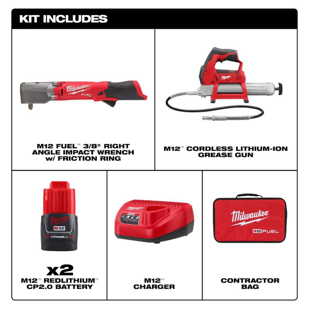 Milwaukee M12 FUEL 12V Lithium-Ion Brushless Cordless 3/8 in. Right Angle Impact Wrench Kit with Grease Gun (2)