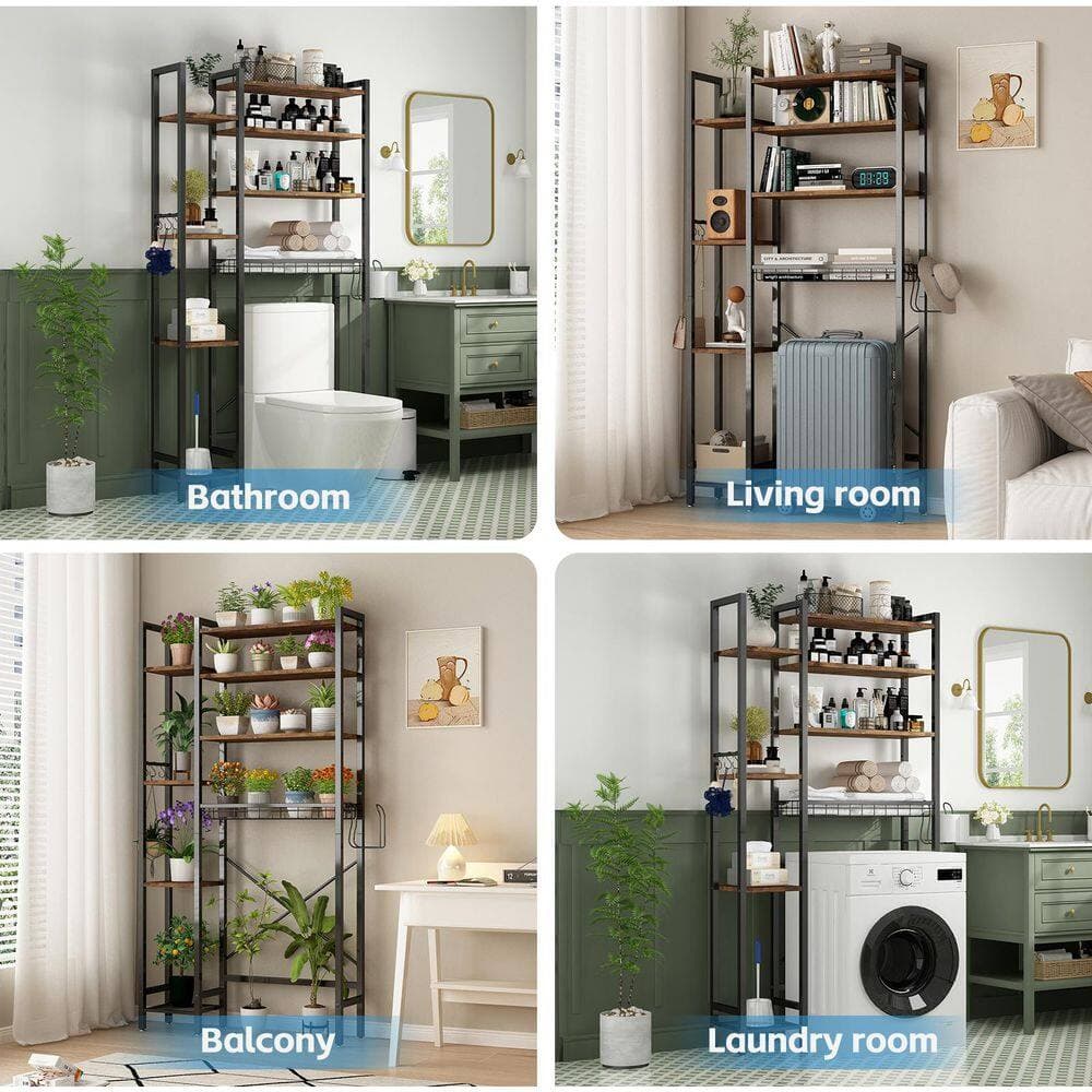 Wudkey 69 in. Brown 8-Tier Freestanding Over-The-Toilet Storage with Adjustable Shelves, Side Racks, and Drain Basket (3)