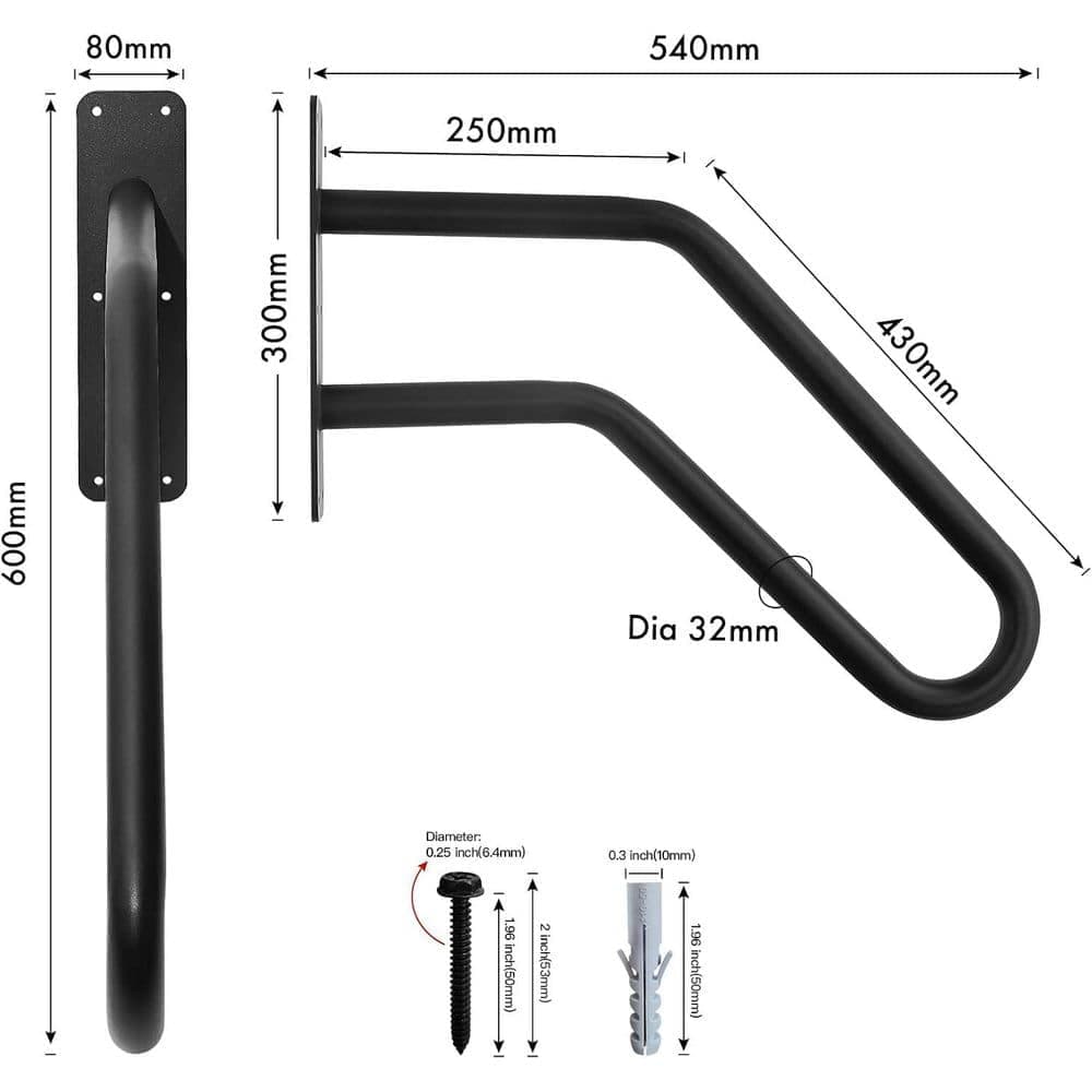 KIWDZFU 21.5 in. H x 21.5 in. W, Black, Metal, Stair Railing Kit, U Shaped Safety Grab Bars for Elderly (2)