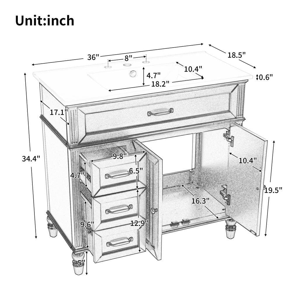 Flynama 36" Black Bathroom Vanity with Sink, Drawers & Solid Frame (3)