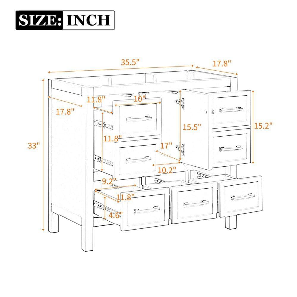 Lycvki 35.5 in. W x 17.8 in. D x 33 in. H Wood Bath Vanity Cabinet without Top with 7-Drawers and 1-Door in White (2)