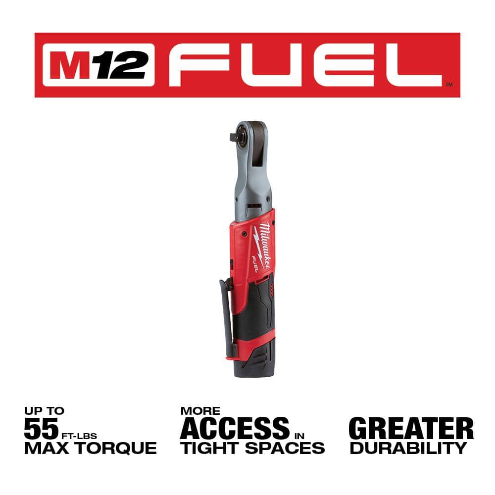Milwaukee M12 FUEL 12V Lithium-Ion Brushless Cordless 3/8 in. Ratchet Kit with (2) 2.0Ah Batteries, Charger & Tool Bag (3)