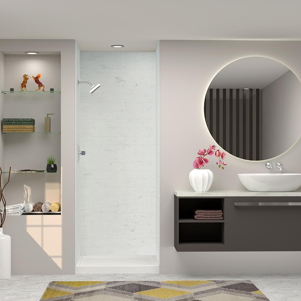 Transolid SaraMar 36 in. x 36 in. x 96 in. 3-Piece Easy Up Adhesive Alcove Shower Wall Surround in White Venito (1)