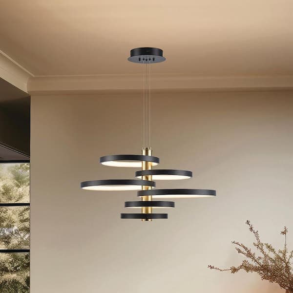Monteaux Lighting 26 in. Integrated LED Black and Gold Ringed Pendant Light Fixture
