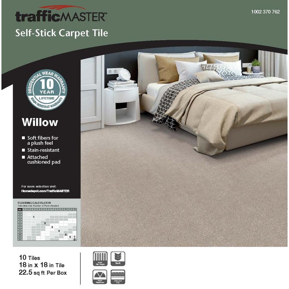TrafficMaster Willow - Kirkdale - Beige Residential 18 x 18 in. Peel and Stick Carpet Tile Square (22.5 sq. ft.) (4)