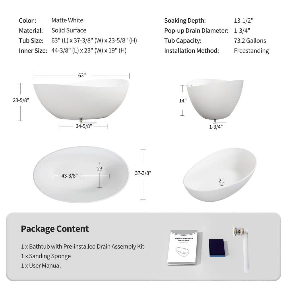 CASAINC 63 in. x 37.4 in. Freestanding Flat Bottom Solid Surface Stone Soaking Wave Bathtub with Center Drain in Matte White (3)