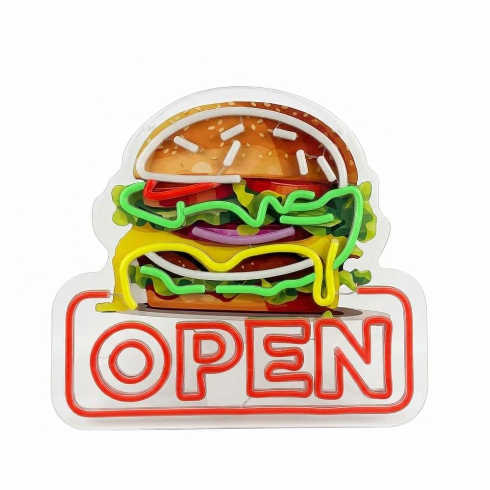 Afoxsos LED Neon Sign Open Hamburger Shape Acrylic Wall Decor Light for Business Restaurant Bar Party Snack Shop Gift (1)