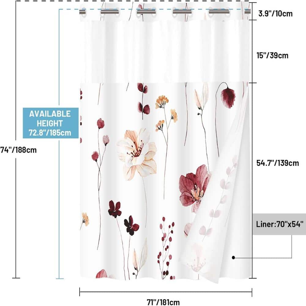 Unbranded Floral No-Hook Shower Curtain with Snap-In Liner,Burgundy Flower (2)