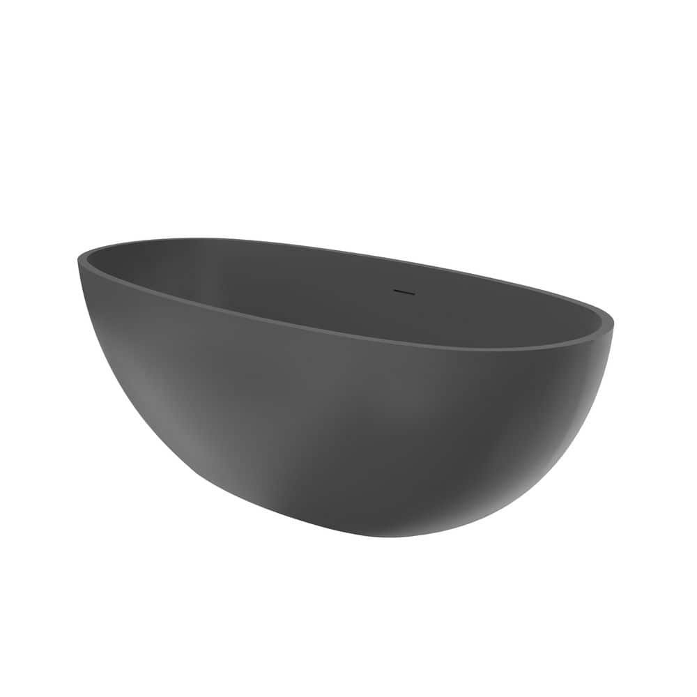 WELLFOR 65 in. x 29.5 in. Artificial Stone Soaking Bathtub in Gray Solid Surface Modern Tub with Overflow and Pop-up Drain (3)