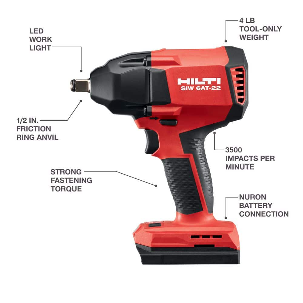 Hilti 22V NURON SIW 6A-T Li-Ion 1/2 in. Cordless Brushless Impact Wrench Kit w/ (2) 2.6 Ah Batteries, Charger and Belt Clips (2)