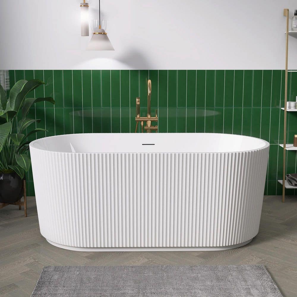 Getpro 59 in. x 29.5 in. Freestanding Acrylic Soaking Bathtub with Chrome Center Drain and Overflow Flat Bottom Tub in White (1)