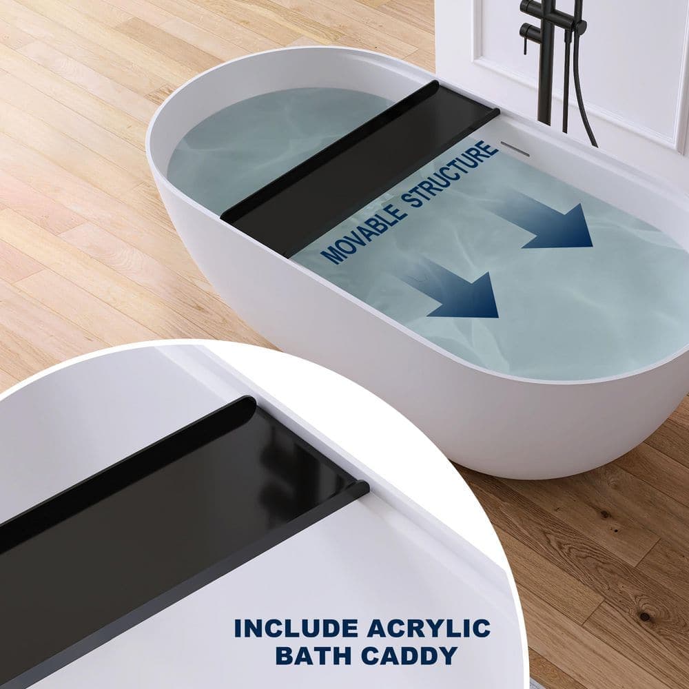 MEDUNJESS 59 in. x 29.5 in. Stone Resin Solid Surface Flatbottom Freestanding Soaking Bathtub in White with Acrylic Bath Caddy (2)