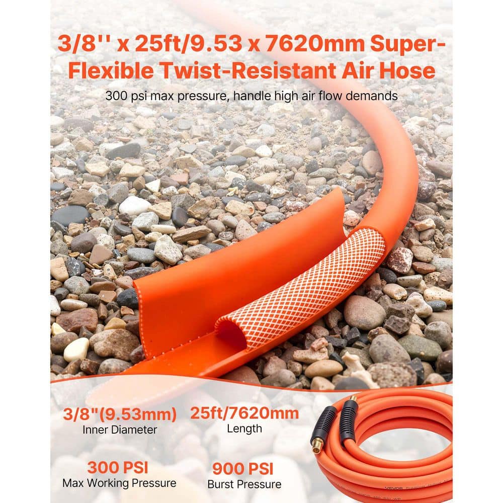 VEVOR Air Hose, 3/8in. x 25 ft. Hybrid Air Hose, Kink Resistant, Pneumatic Hoses with 1/4 in. Solid Brass Male Fitting, Orange (2)