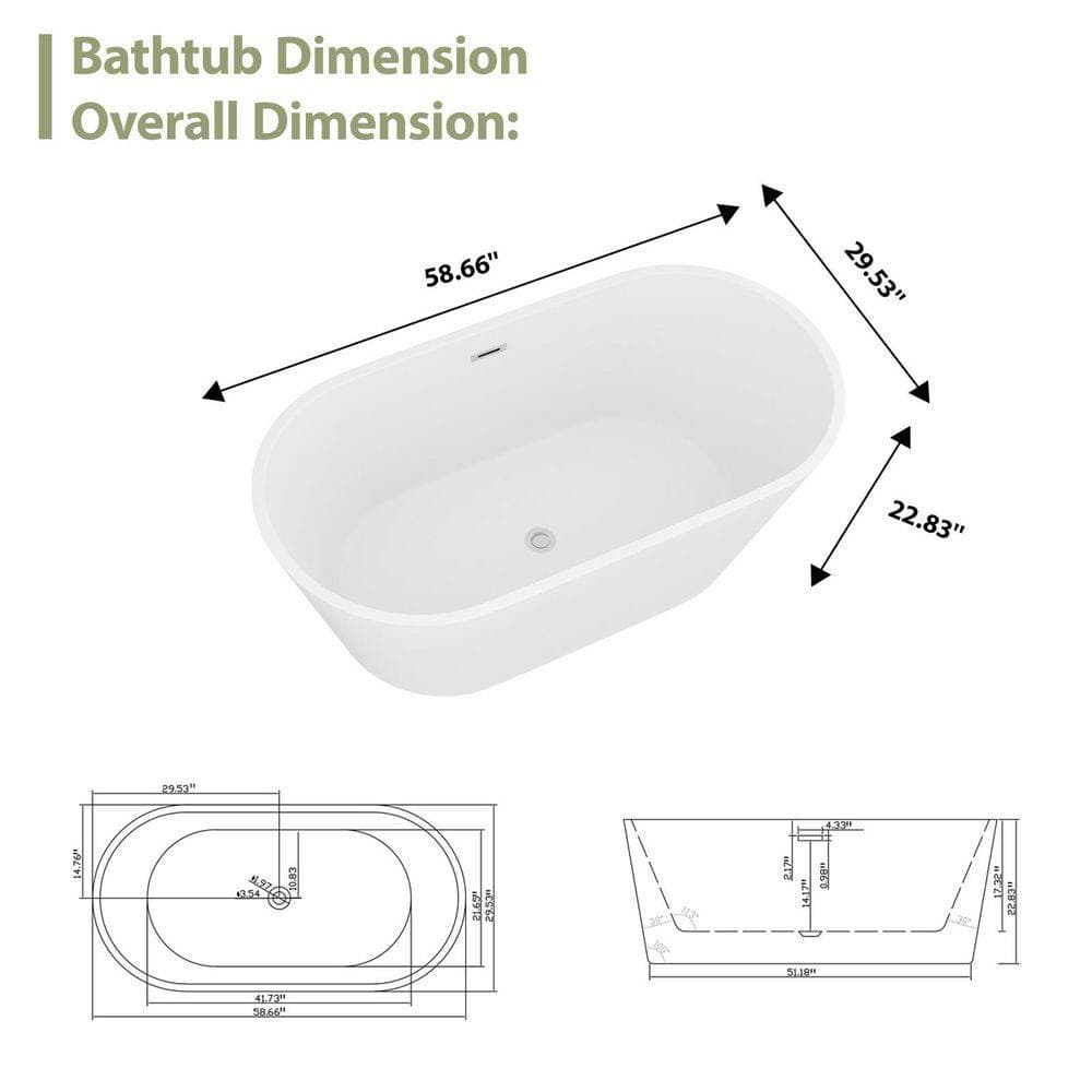 LuckByte 59 in. x 29.5 in. Stand Alone Soaking Acrylic Freestanding Bathtub with Chrome Overflow and Pop-Up Drain in White (3)