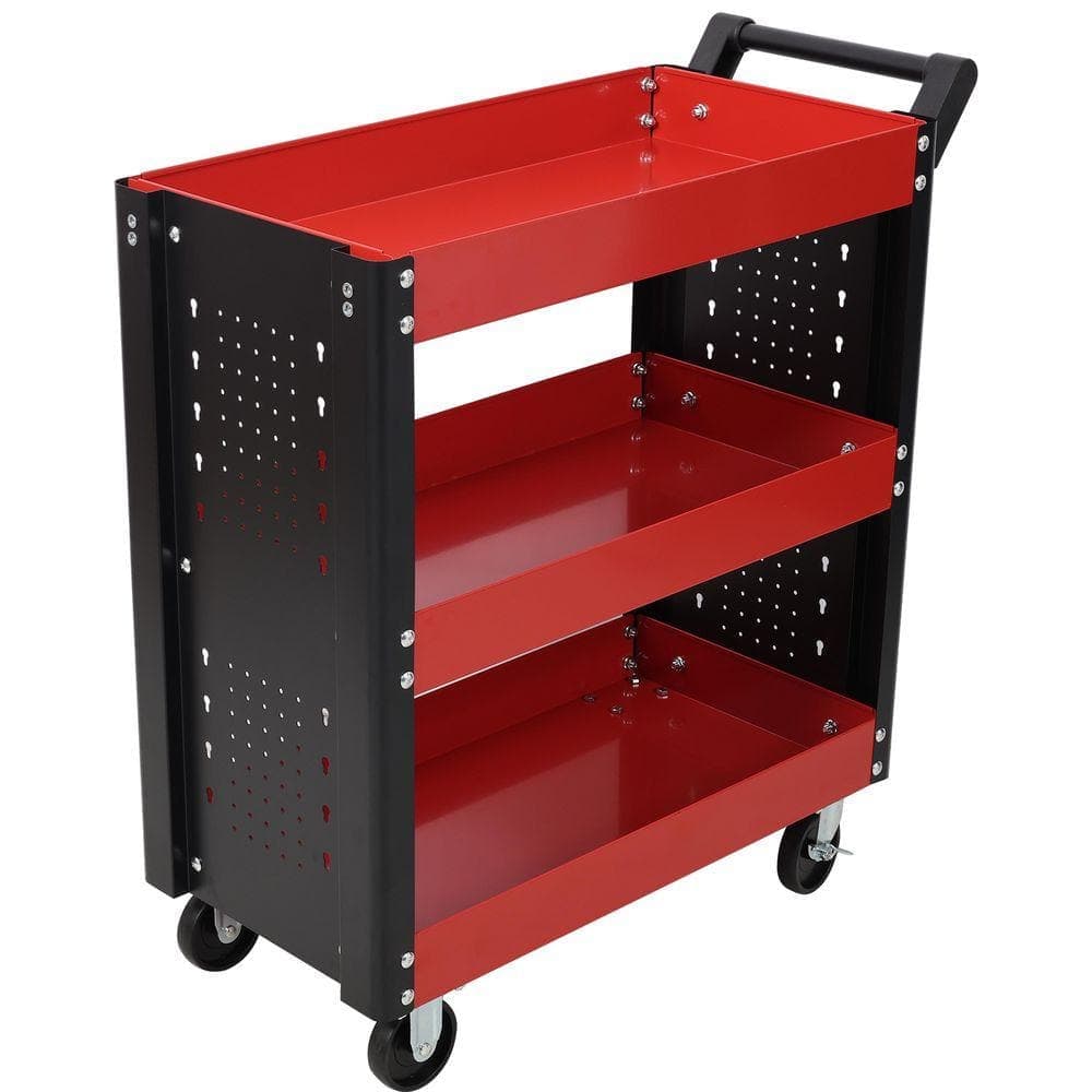Huluwat 3-Tier Heavy Duty Steel Utility General Use Cart with Pegboard for Repair Shop, Garage, Warehouse, Red (1)