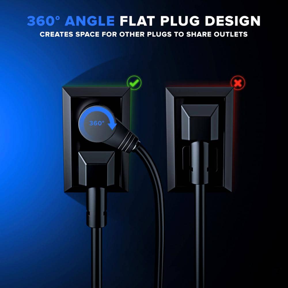 MAXIMM 3 ft. 16/3 Light Duty Indoor Extension Cord 360° Rotating Flat Plug 2-Sided with Loop, Black (3)