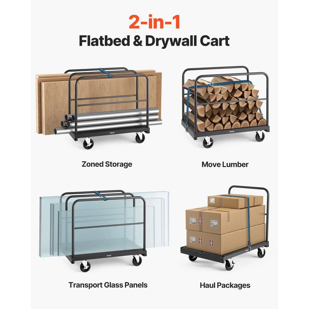 VEVOR Drywall Cart Dolly, 1800 lbs. Load Capacity, 2-in-1 Steel Panel Truck Cart, 36 x 24 in. Platform Truck, Black (3)