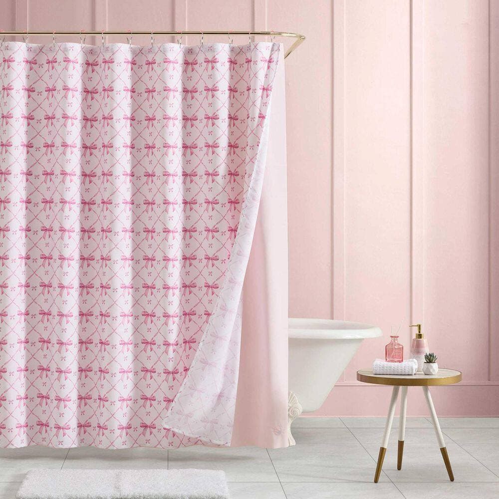 BETSEY JOHNSON Festive Bow Trellis 72 in. W x 72 in. L, Polyester 14 Piece Shower Curtain Set with Hooks and Liner in Pink (2)