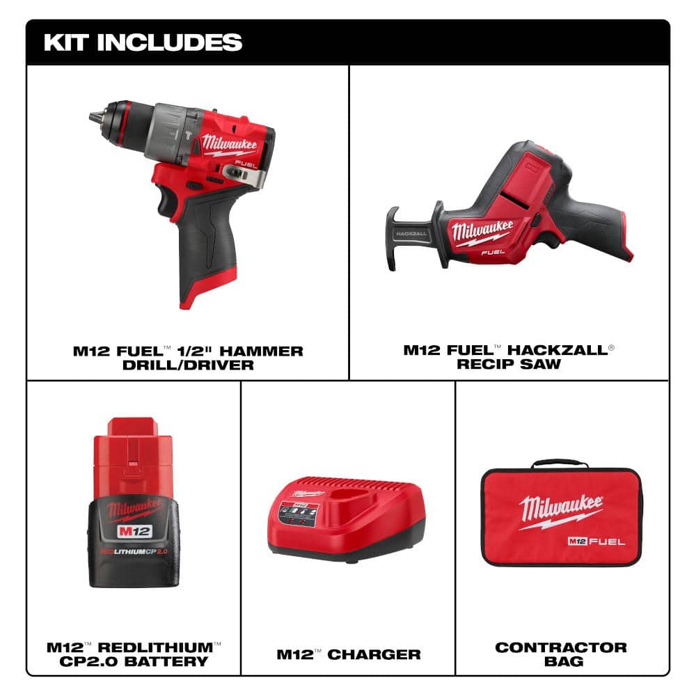 Milwaukee M12 FUEL 12-Volt Li-Ion Brushless Cordless 1/2 in. Hammer Drill Kit w CP 2.0Ah Battery, Charger & M12 FUEL Recip Saw (2)