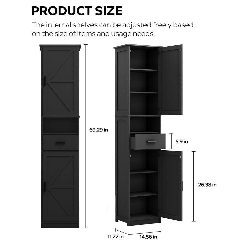 cadeninc 14.56 in. W x 11.22 in. D x 69.29 in. H Black Bathroom Storage Cabinet with 2 Barn Doors and 1 Drawer,Adjustable Shelves (2)