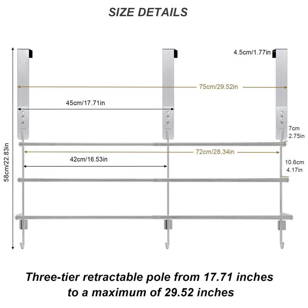 Wudkey Over The Door Towel Rack with 3-Tier Adjustable Pole, Stainless Steel Towel Racks in Silver for Bathroom (2)