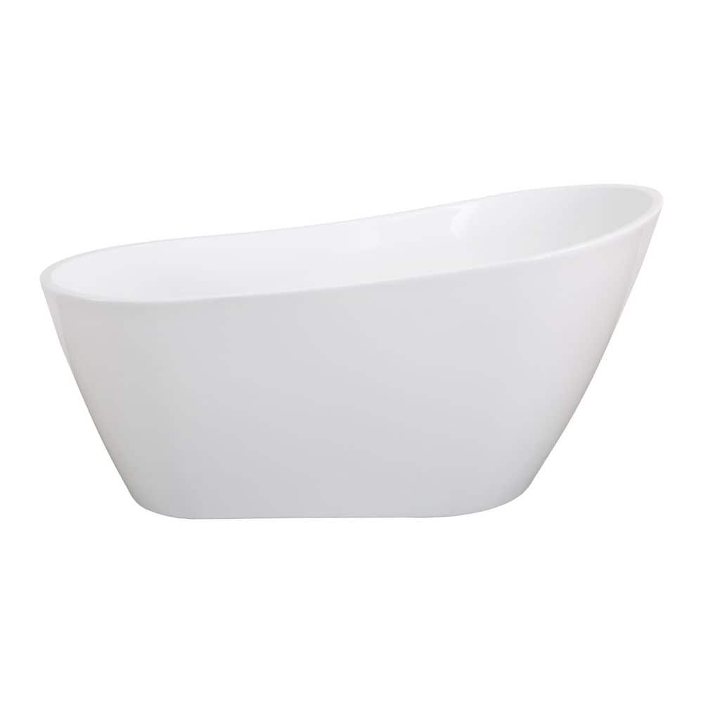 JimsMaison 59 in. W x 31 in. D Acrylic Single Slipper Flatbottom Freestanding Soaking Bathtub in White with Drain (2)