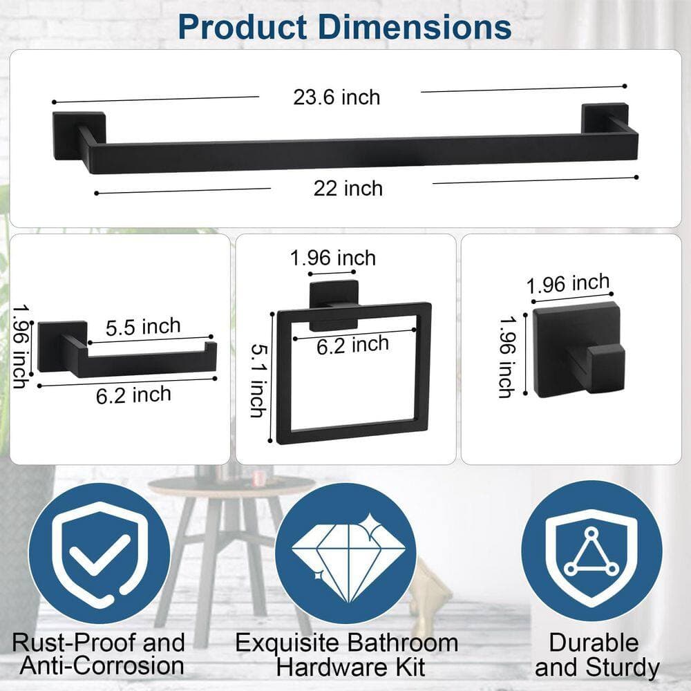 KHKFY 15-Piece Matte Black Bathroom Hardware Set, 23.6 Inch Stainless Steel Towel Bars, Toilet Paper Holders, Rings, Hooks (2)