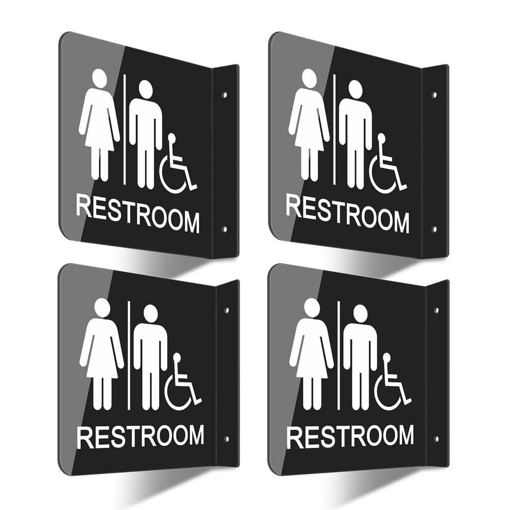Wudkey 4-Piece Bath Accessory Set in Black, Double Sided Acrylic Restroom Signs, 6 x 6 in. Universal Bathroom Door Wall Decor (1)