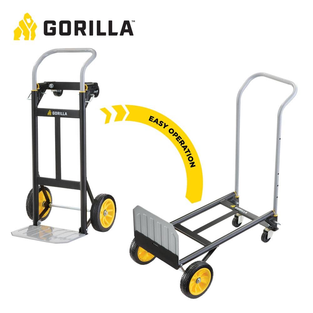 Gorilla 400 lbs. Convertible Steel Hand Truck, Simple Flatbed Conversion; Wide Grip Telescoping Handle, Flat-Free Tires (3)