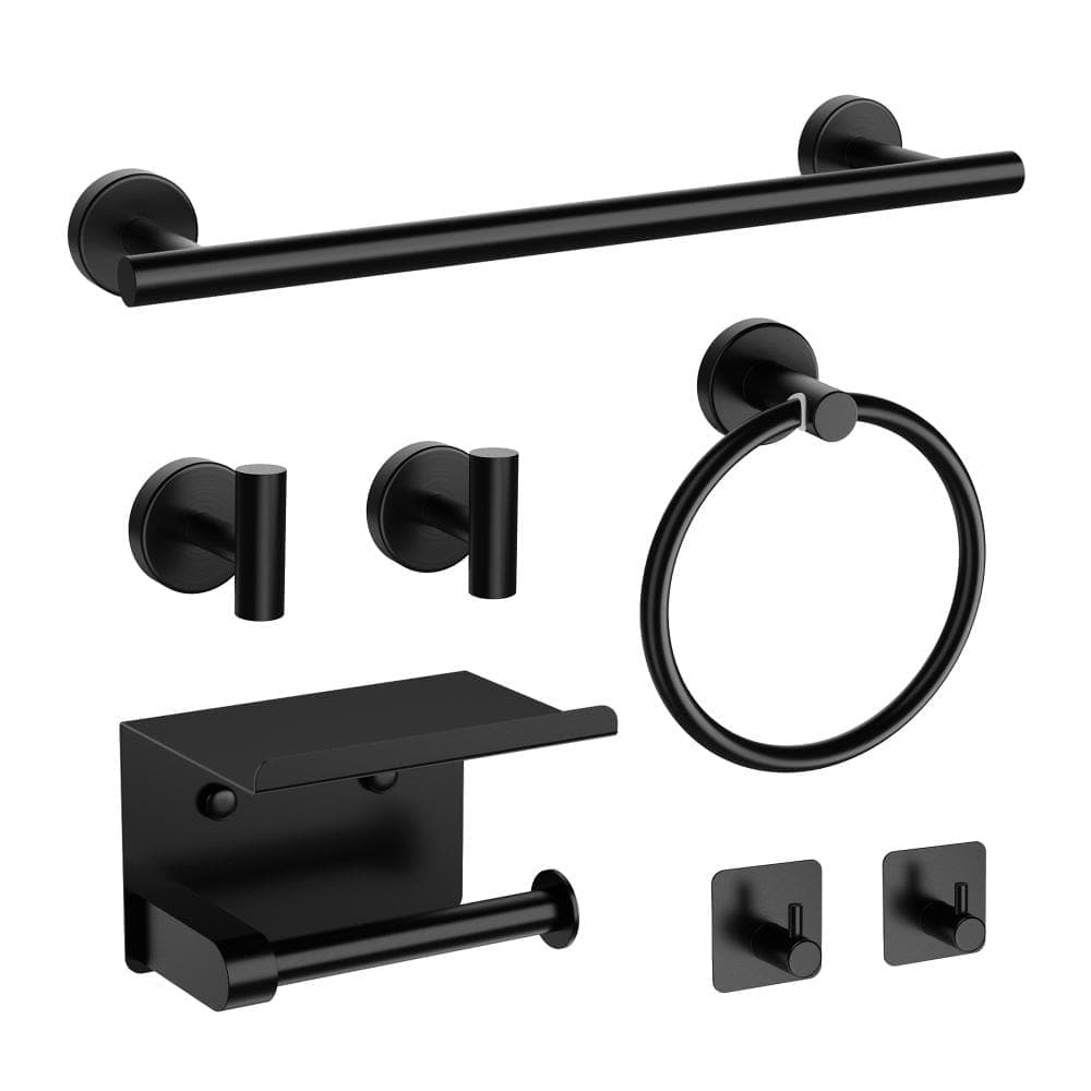 Sotion 7-Piece Round Bath Hardware Set with 24 in. Towel Bar, Toilet Paper Holder, Towel Ring, Towel Hooks in Matte Black