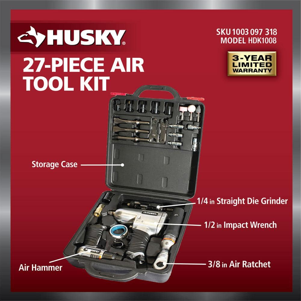Husky 4-Pc Air Tool Kit With 1/2 in. Impact, 3/8 in. Ratchet, Die Grinder, Hammer, Sockets, Chisels, Grinding Stones -27 pcs (3)
