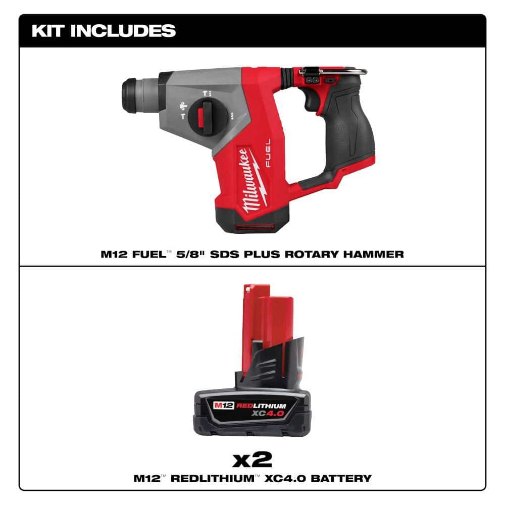 Milwaukee M12 FUEL 12V Lithium-Ion Brushless Cordless 5/8 in. SDS-Plus Rotary Hammer Drill, and 4. 0Ah (2-Pack) (2)
