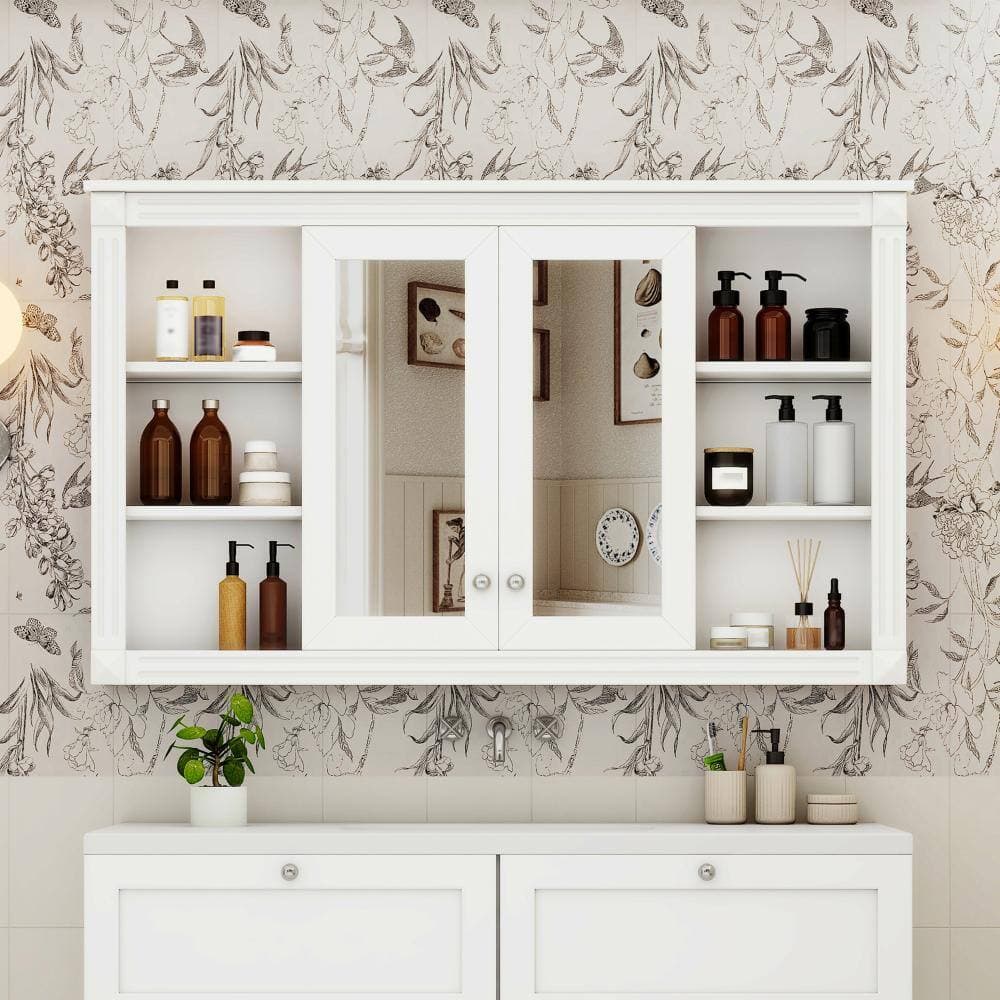 COWLOWN 47.64 in. W x 28.74 in. H White Rectangular MDF Medicine Cabinet with Mirror, Adjustable Shelf and Open Shelves (2)