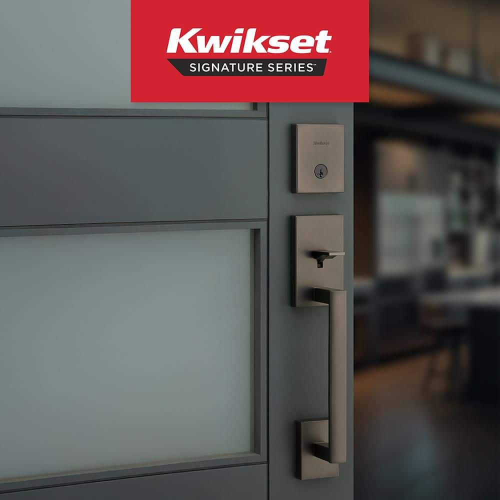 Kwikset San Clemente Gunmetal Keyed Entry Door Handleset with Square Halifax Interior Handle featuring SmartKey Security (2)